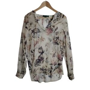 Ralph Lauren Tan Floral Chiffon‎ Georgette Split Neck Shear Size Medium Romantic